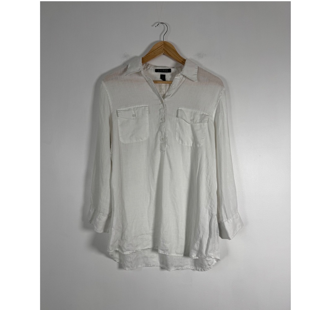 Coastal Lauren Ralph Lauren Women Large Linen Tunic White Roll Tab Popover Shirt